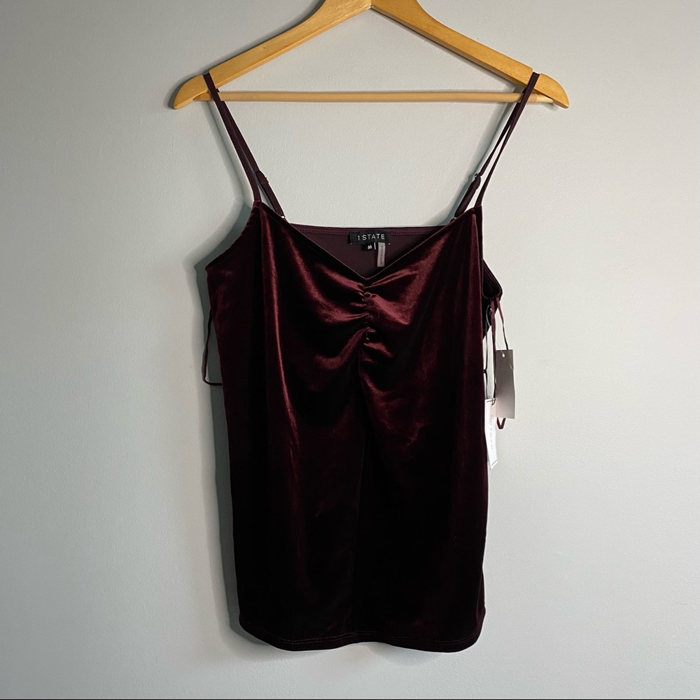 1. STATE Women’s Red velvet ruched neckline moody hue spaghetti camisole size M